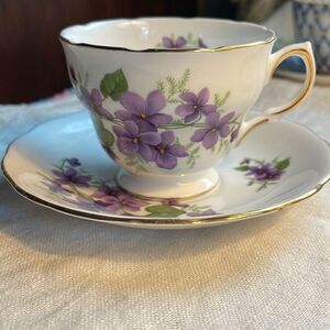 Midcentury Royal Vale Bone China Purple Violets teacup & saucer.